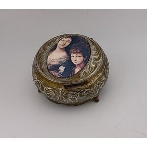 Vintage Ornate Round Trinket Jewelry Box Portrait Lid Red Velvet Lined